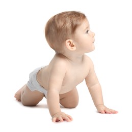 Photo of Cute little baby crawling on white background