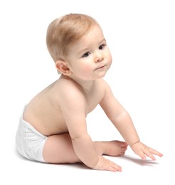 Cute little baby in diaper on white background