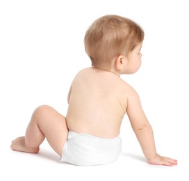 Photo of Little baby sitting on white background, back view