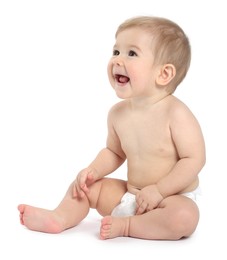 Photo of Happy little baby sitting on white background