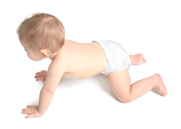 Photo of Adorable little baby crawling on white background