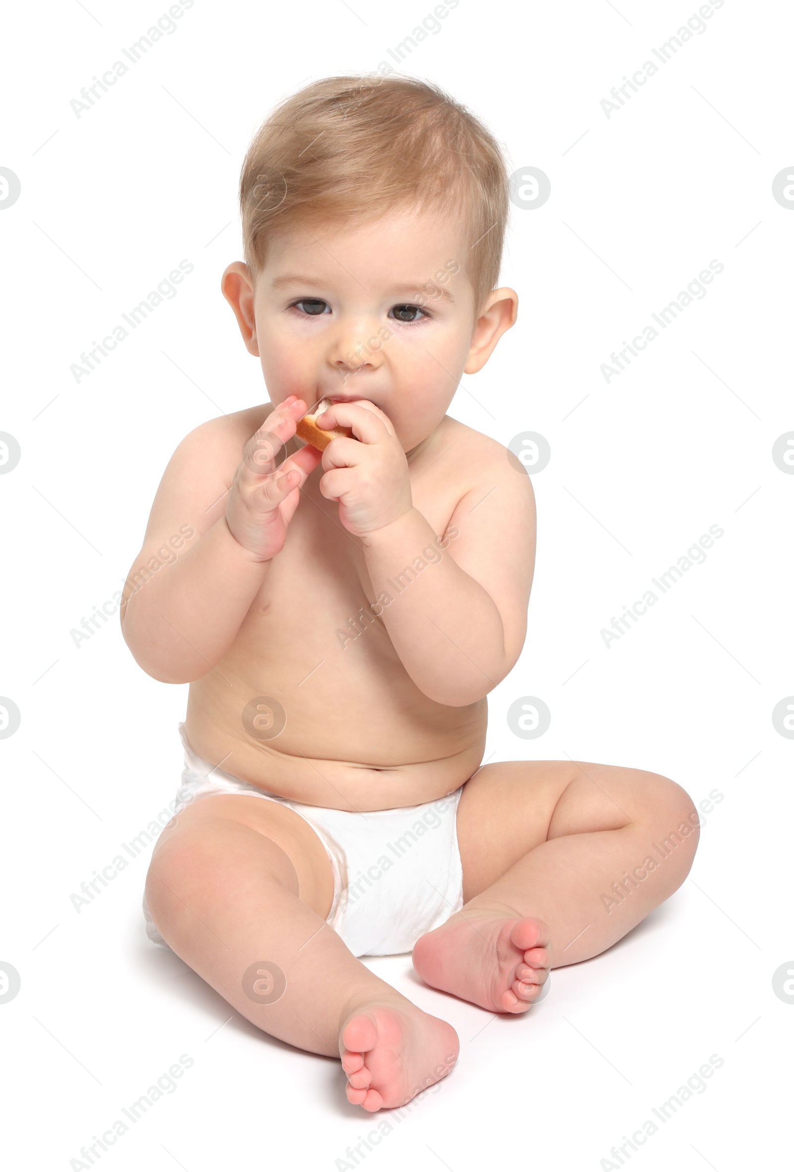 Photo of Cute little baby sitting on white background