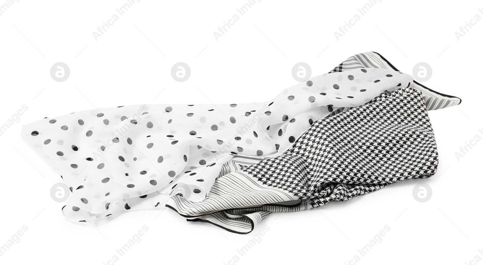 Photo of Beautiful handkerchiefs isolated on white. Stylish accessory