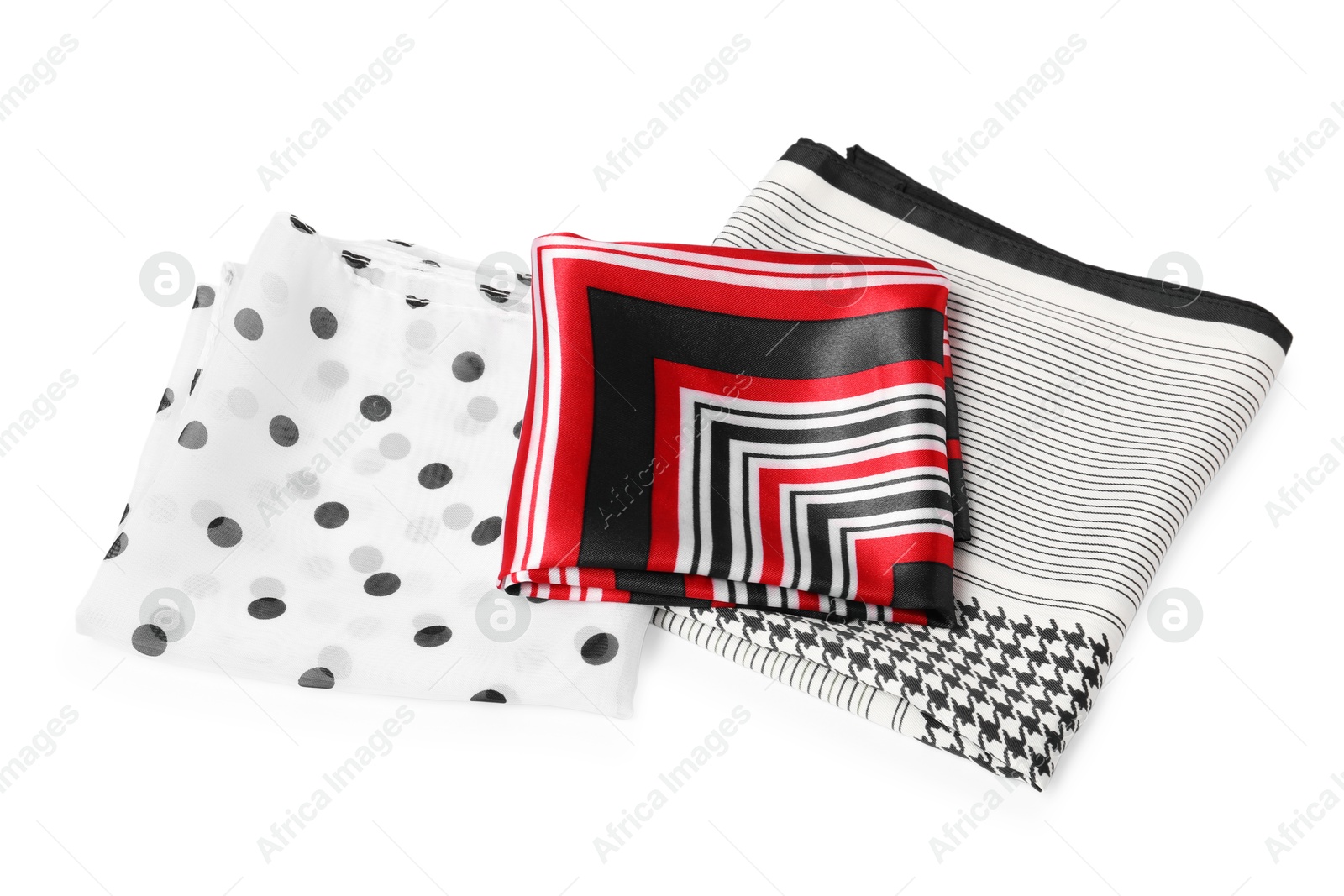 Photo of Beautiful handkerchiefs isolated on white, above view