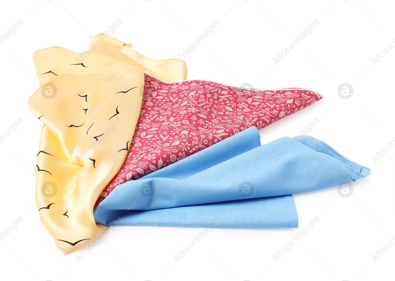 Photo of Beautiful handkerchiefs isolated on white. Stylish accessory