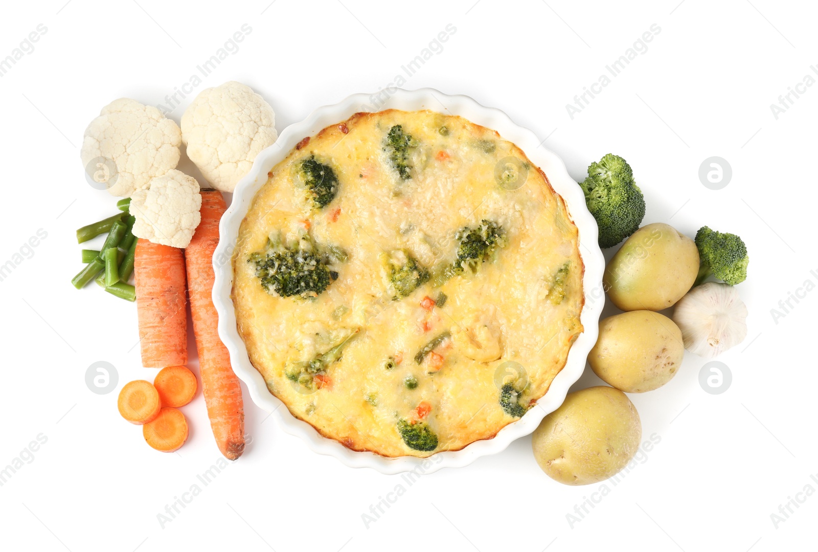 Photo of Delicious vegetable casserole and ingredients isolated on white, top view