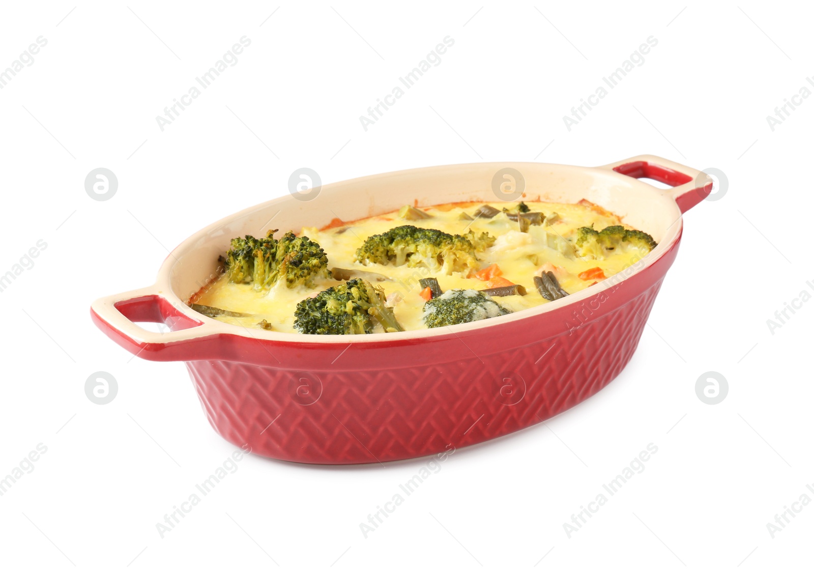 Photo of Delicious baked vegetable casserole isolated on white