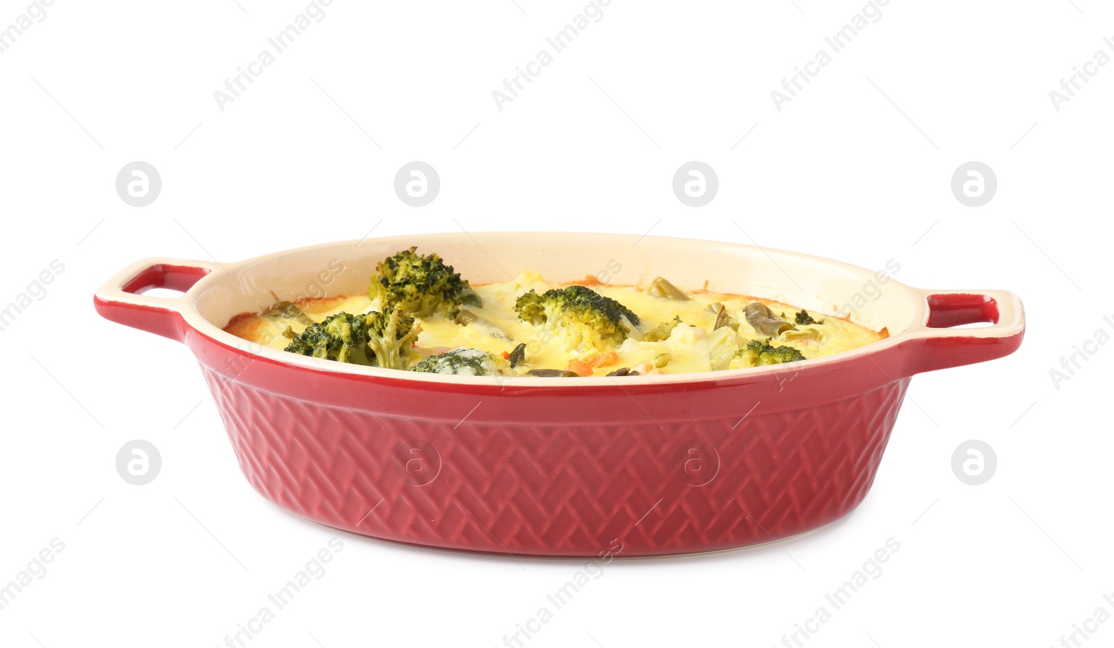 Photo of Delicious baked vegetable casserole isolated on white