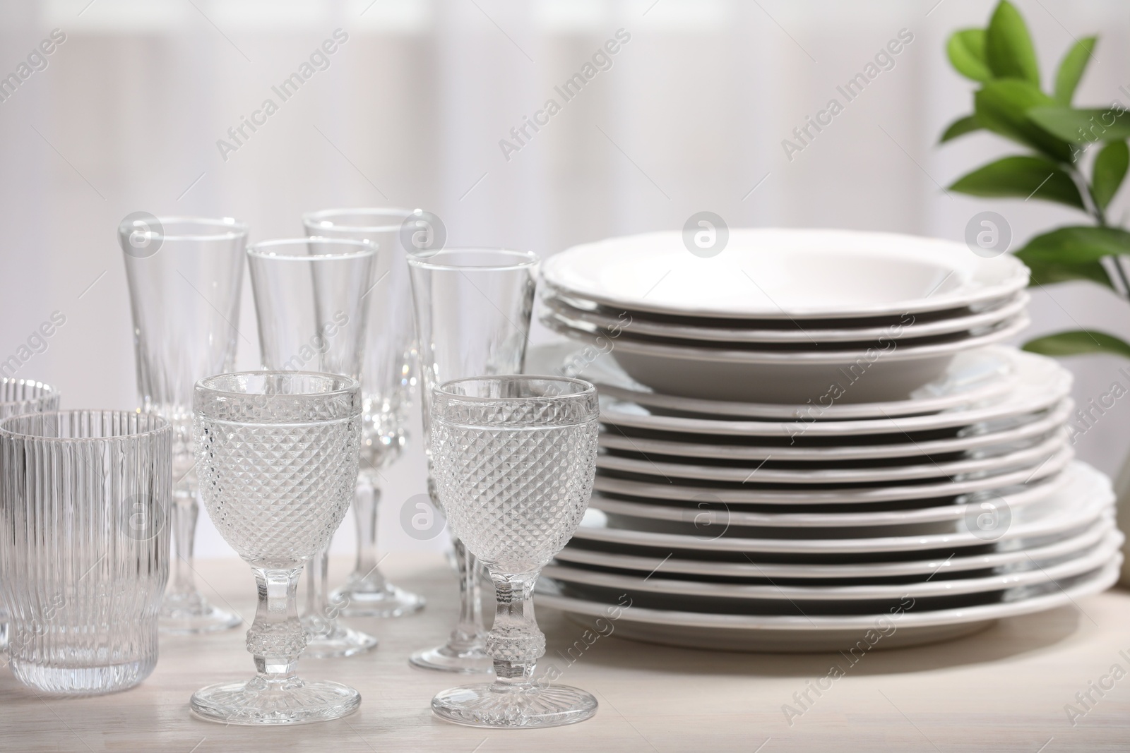 Photo of Empty clean glasses, plates and green branch on table indoors