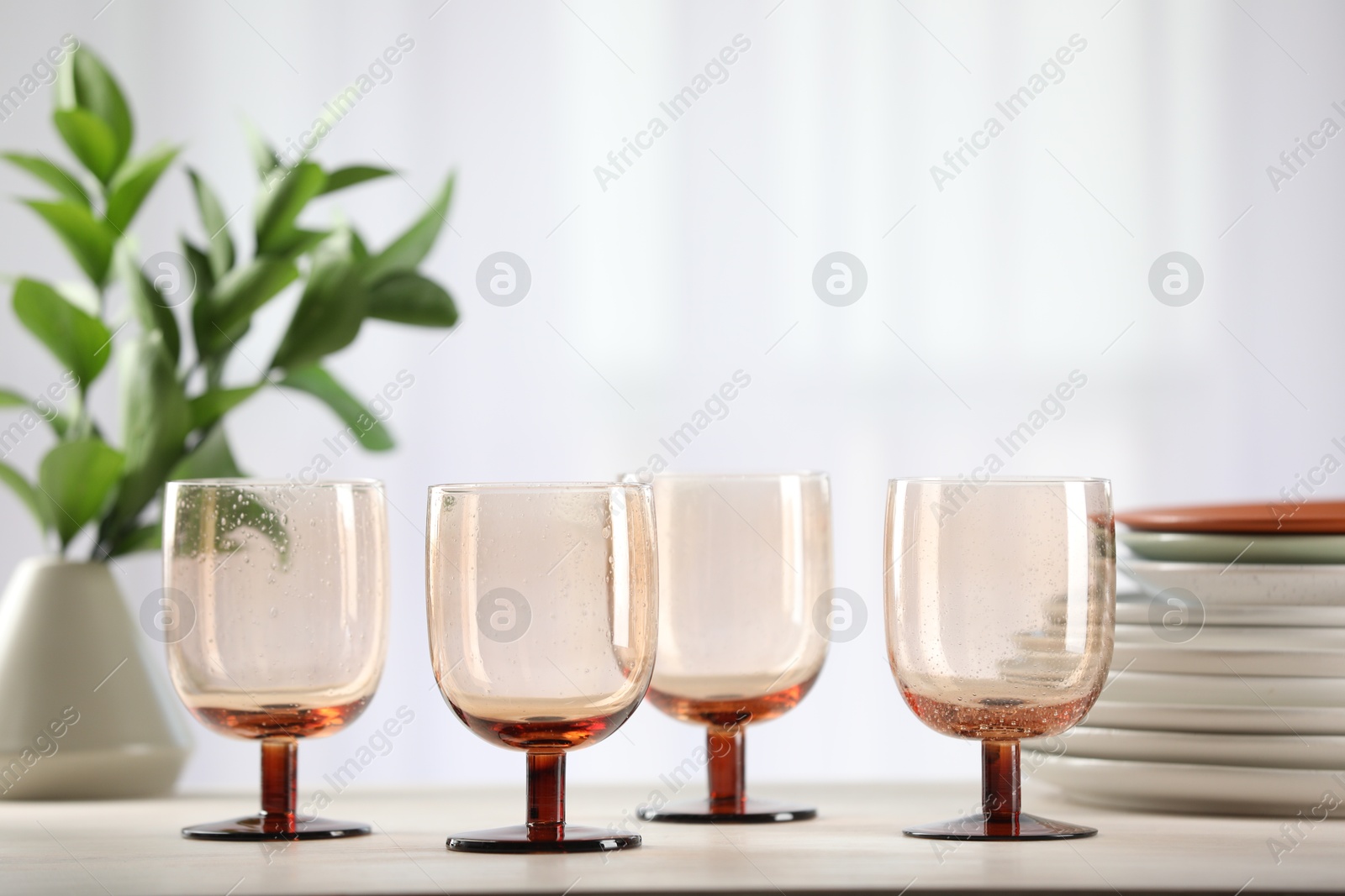 Photo of Empty clean glasses, plates and green branches on table indoors