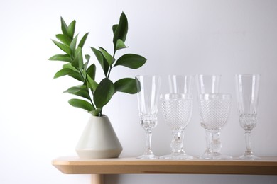 Photo of Empty clean glasses and green branches on wooden shelf near white wall indoors