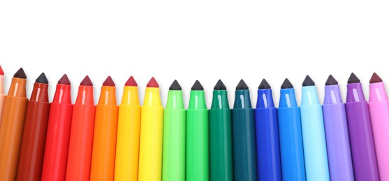 Photo of Many colorful markers isolated on white, top view