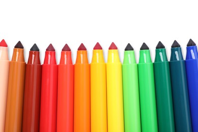 Photo of Many colorful markers isolated on white, top view