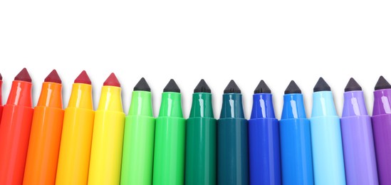 Photo of Many colorful markers isolated on white, top view