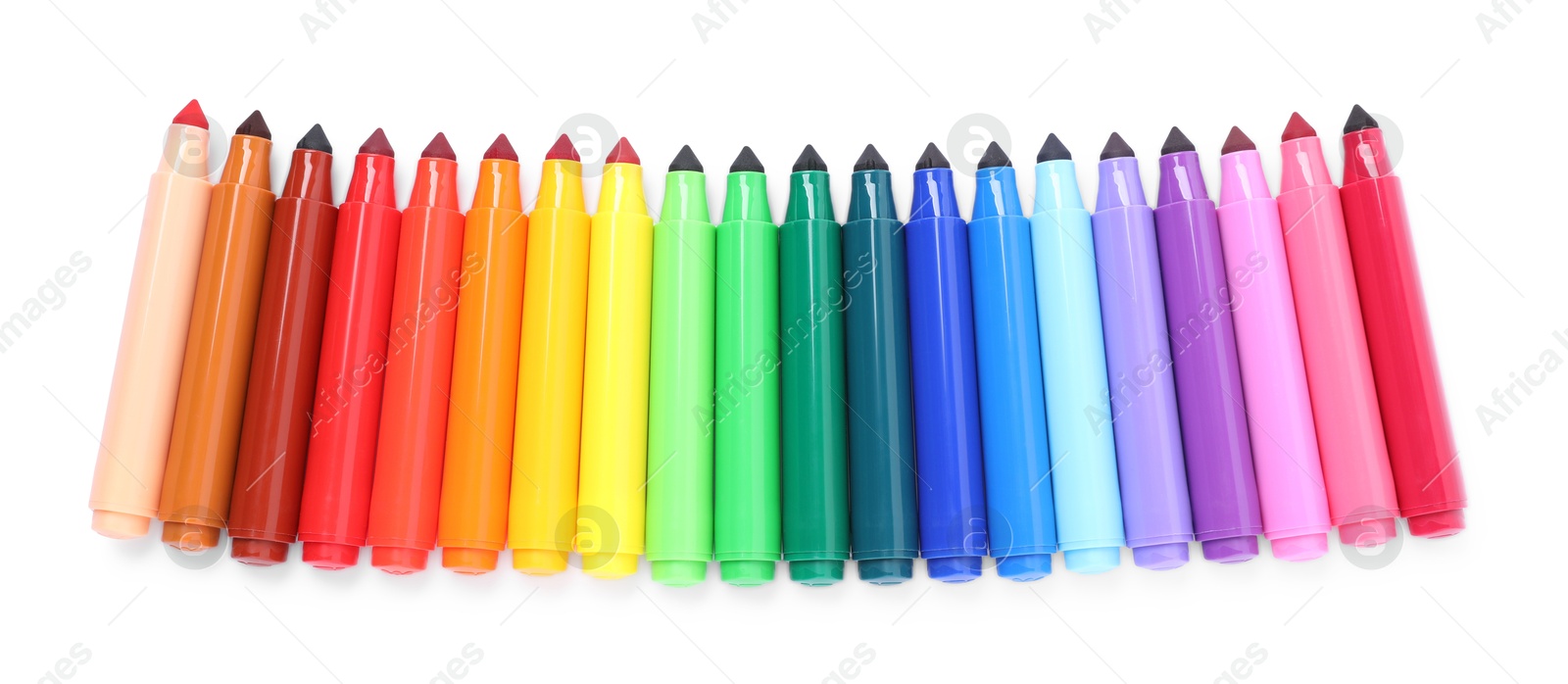 Photo of Many colorful markers isolated on white, top view