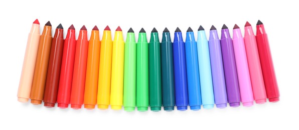 Photo of Many colorful markers isolated on white, top view