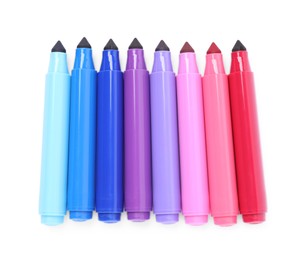 Photo of Many colorful markers isolated on white, top view