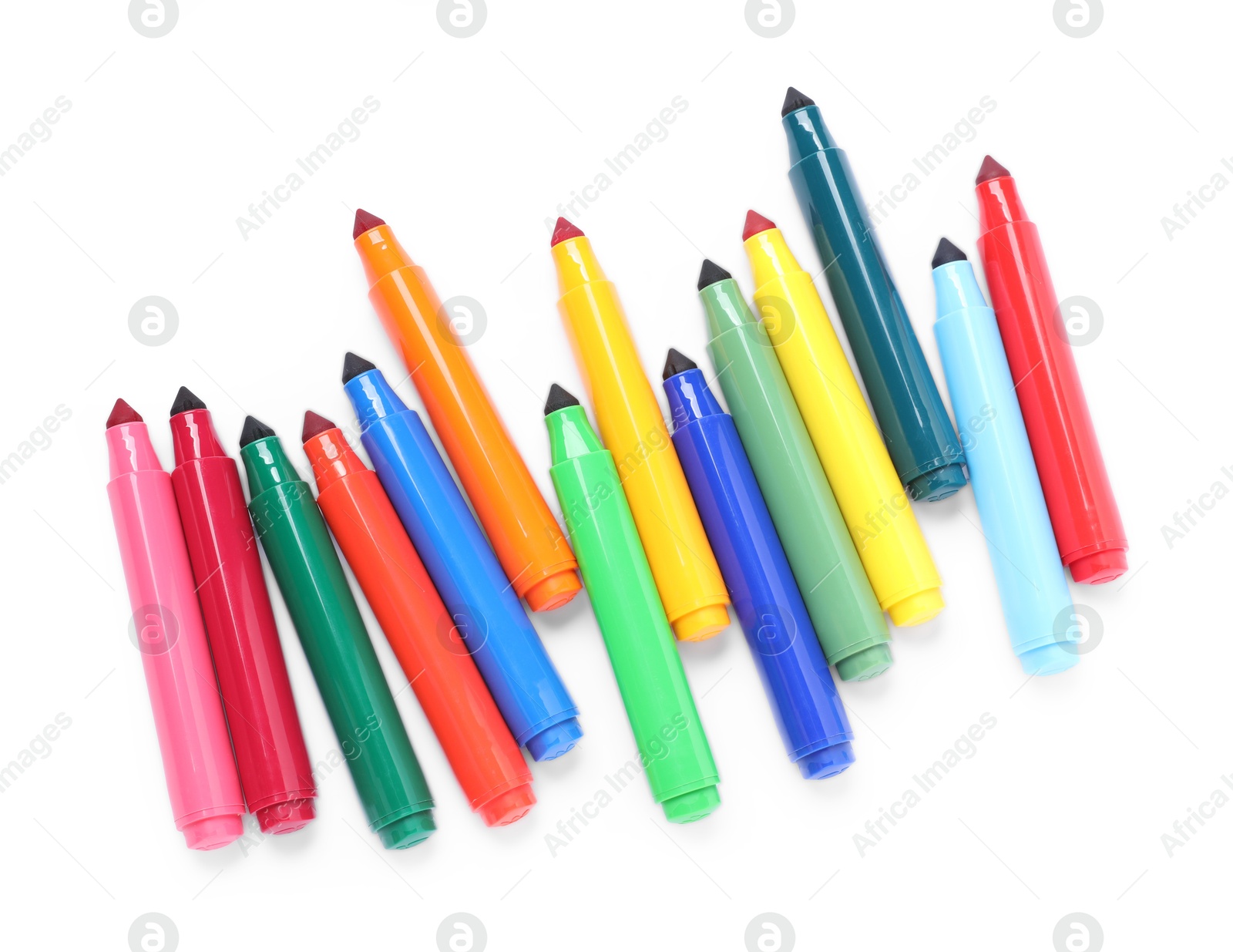 Photo of Many colorful markers isolated on white, top view
