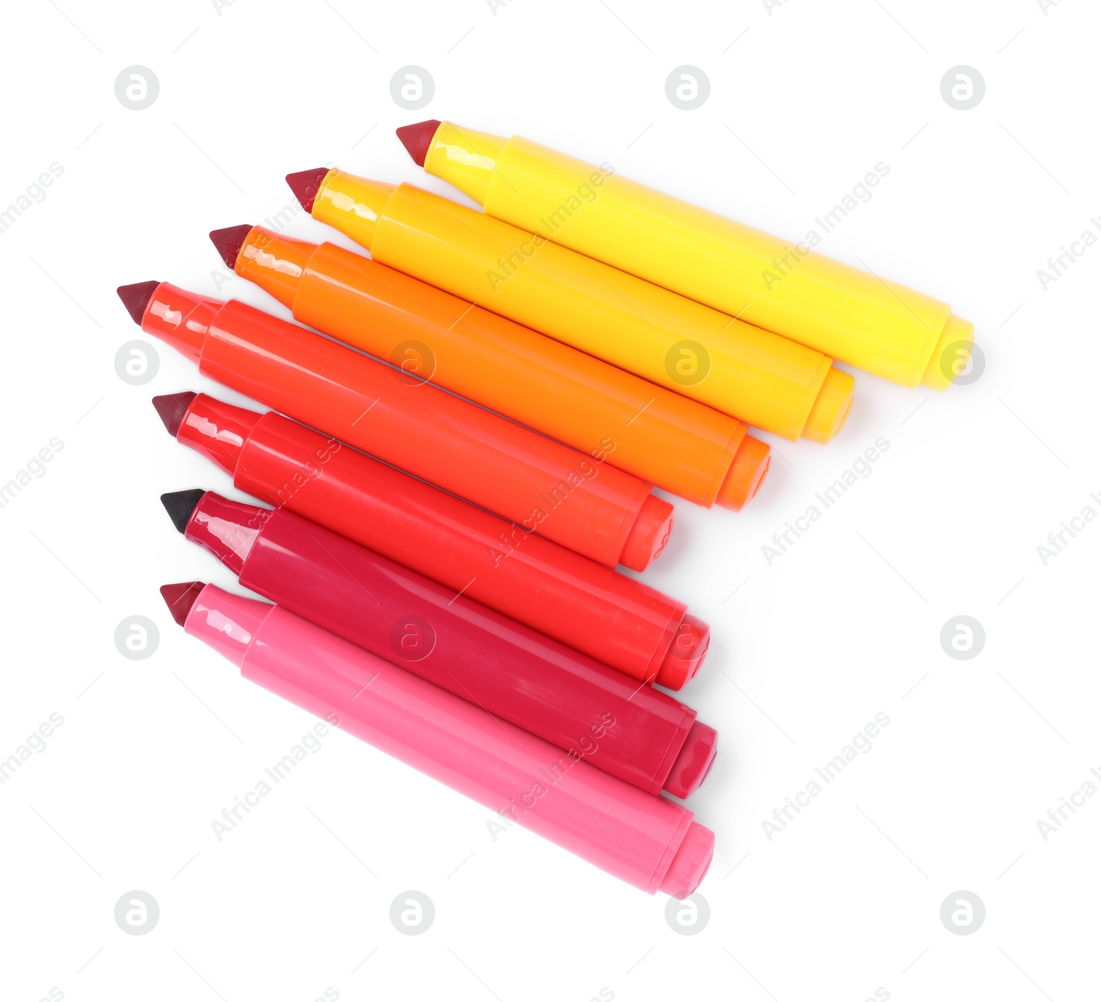 Photo of Many colorful markers isolated on white, top view