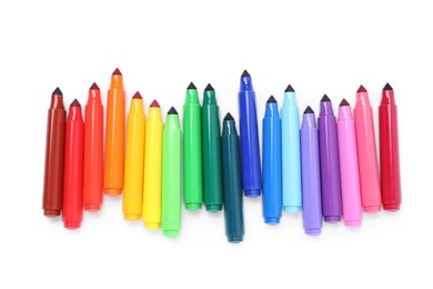 Photo of Many colorful markers isolated on white, top view