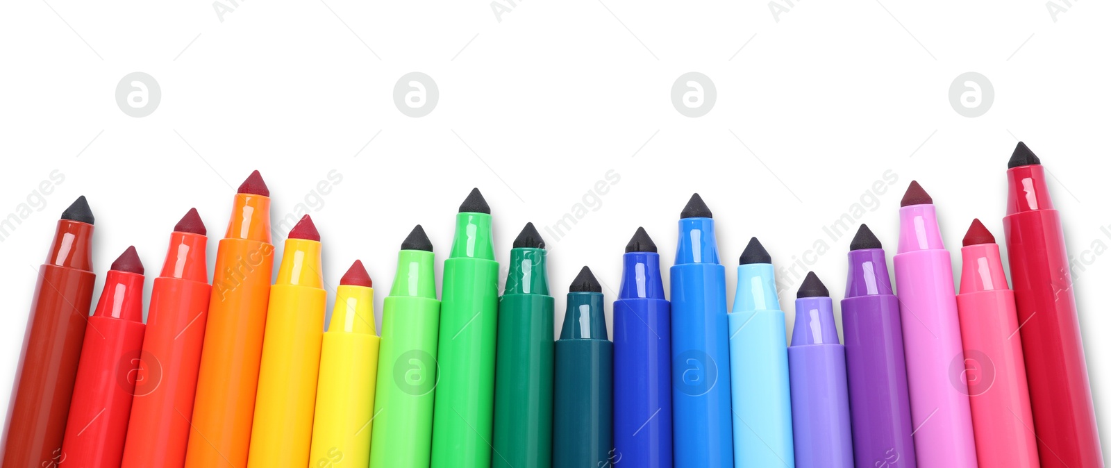 Photo of Many colorful markers isolated on white, top view
