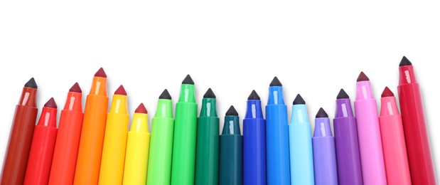 Photo of Many colorful markers isolated on white, top view