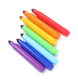 Photo of Many colorful markers isolated on white, top view