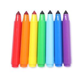 Photo of Many colorful markers isolated on white, top view