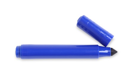 Photo of One blue marker isolated on white, top view