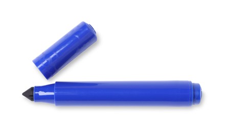 Photo of One blue marker isolated on white, top view