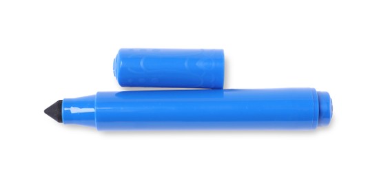 Photo of One blue marker isolated on white, top view