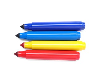 Photo of Many colorful markers isolated on white, top view