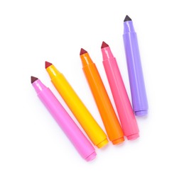 Photo of Many colorful markers isolated on white, top view