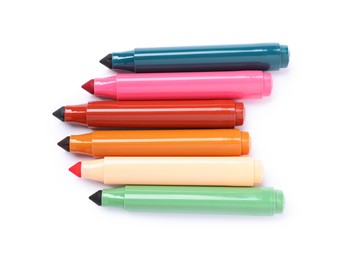 Photo of Many colorful markers isolated on white, top view