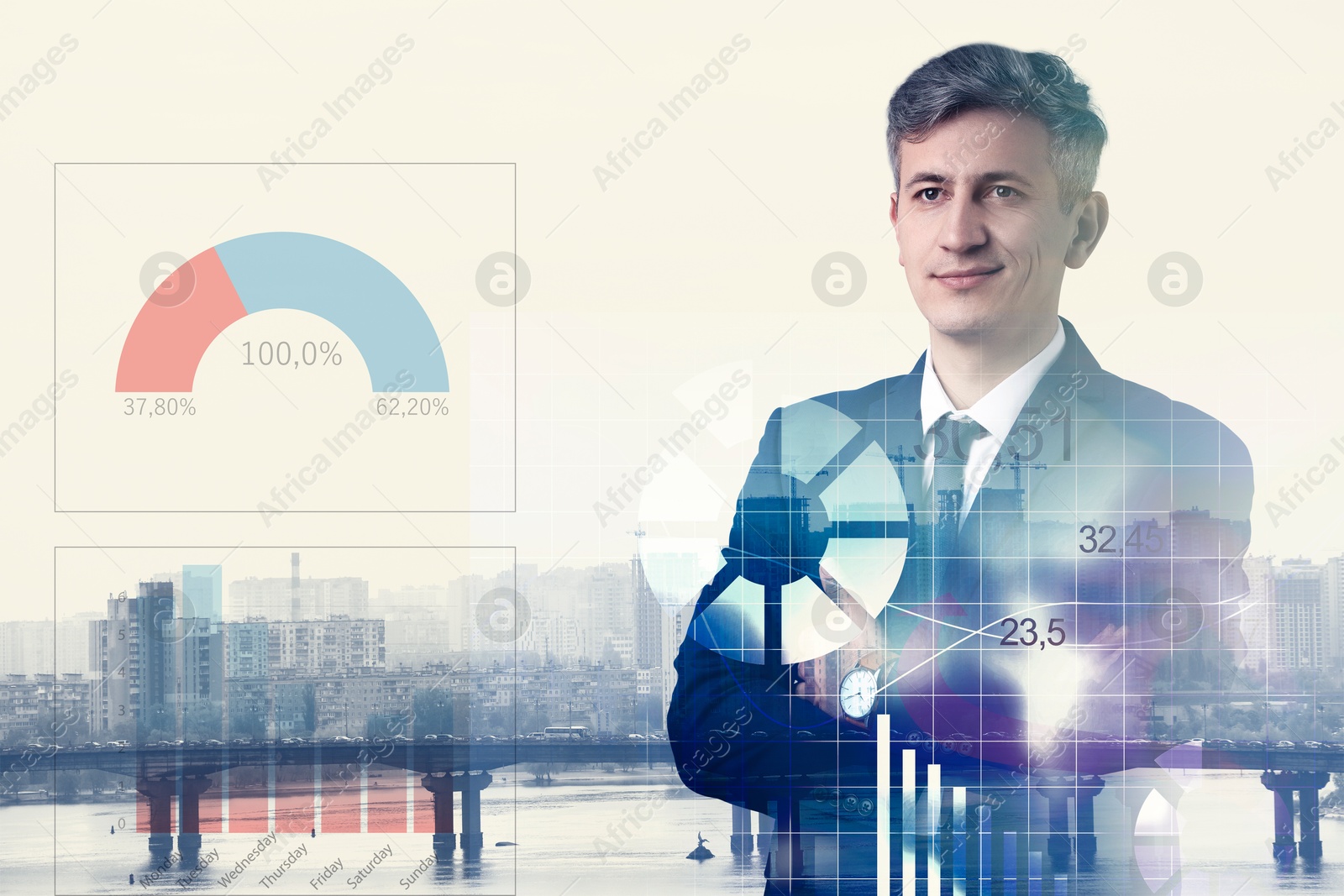 Image of Business success. Multiple exposure of man, graphs and cityscape