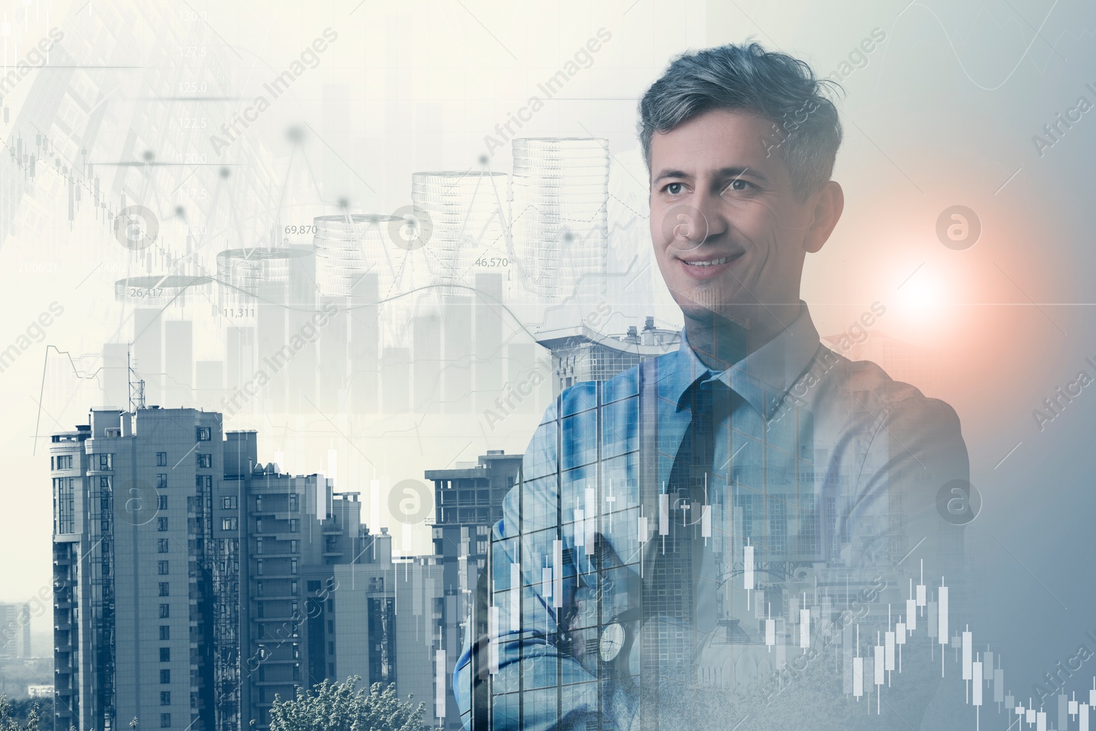 Image of Business success. Multiple exposure of man, graphs and cityscape