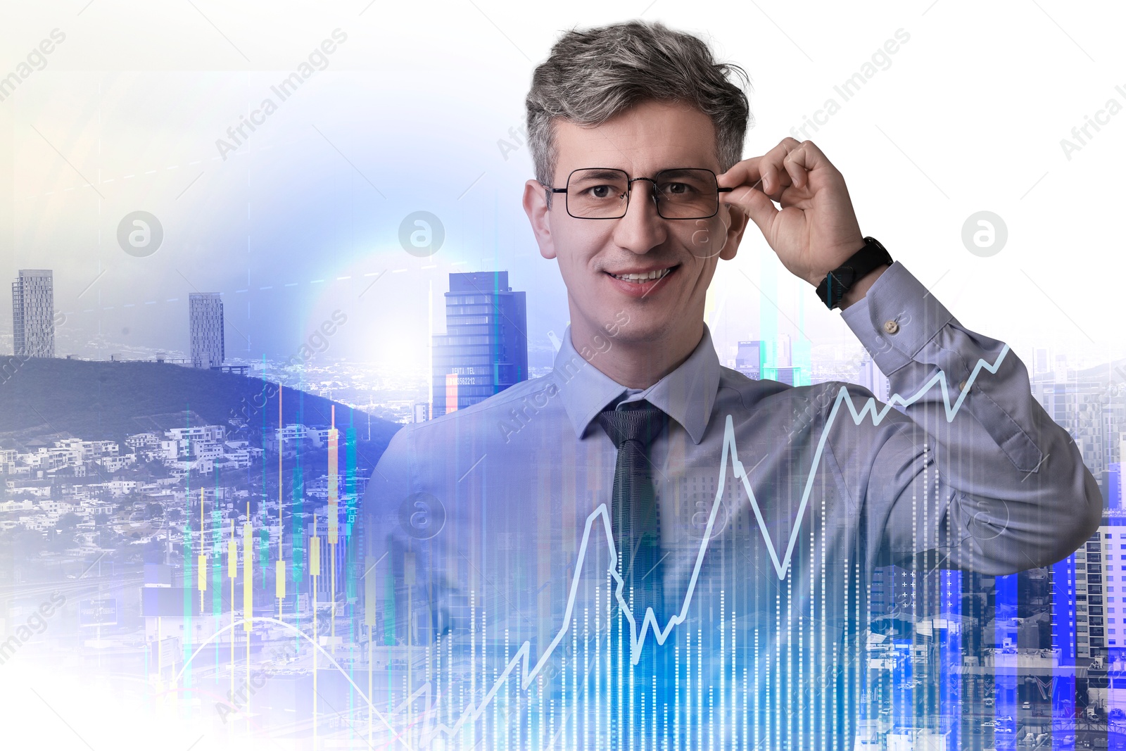 Image of Business success. Multiple exposure of man, graphs and cityscape