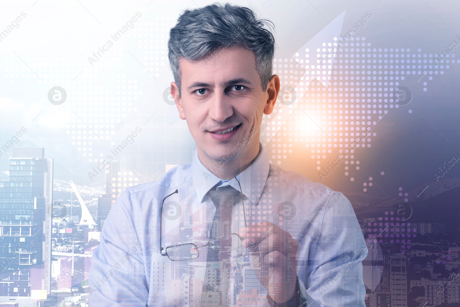 Image of Business success. Multiple exposure of man, graph and cityscape