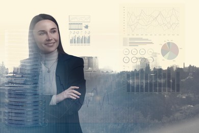 Image of Business success. Multiple exposure of woman, graphs and cityscape