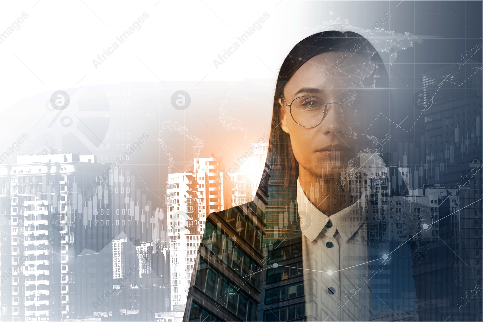 Image of Business success. Multiple exposure of woman, graphs and cityscape