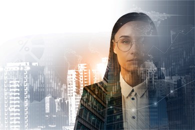 Image of Business success. Multiple exposure of woman, graphs and cityscape