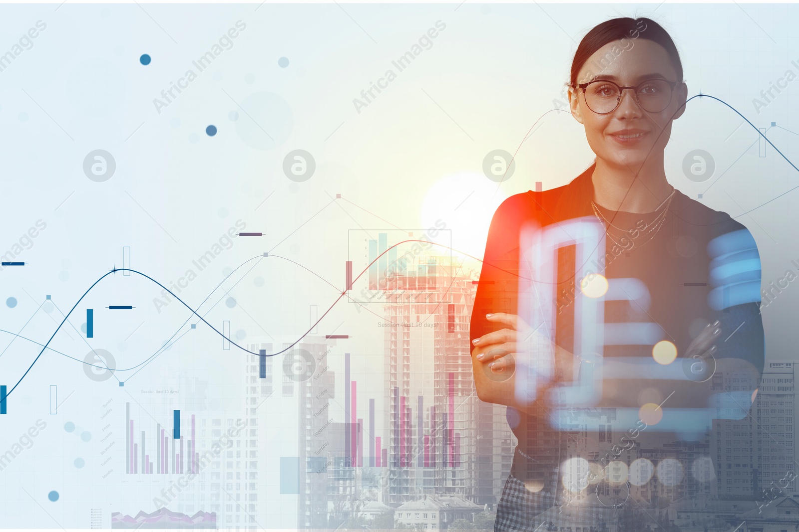 Image of Business success. Multiple exposure of woman, graphs and cityscape