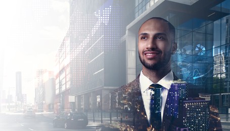 Image of Business success. Multiple exposure of man, graphs and cityscape