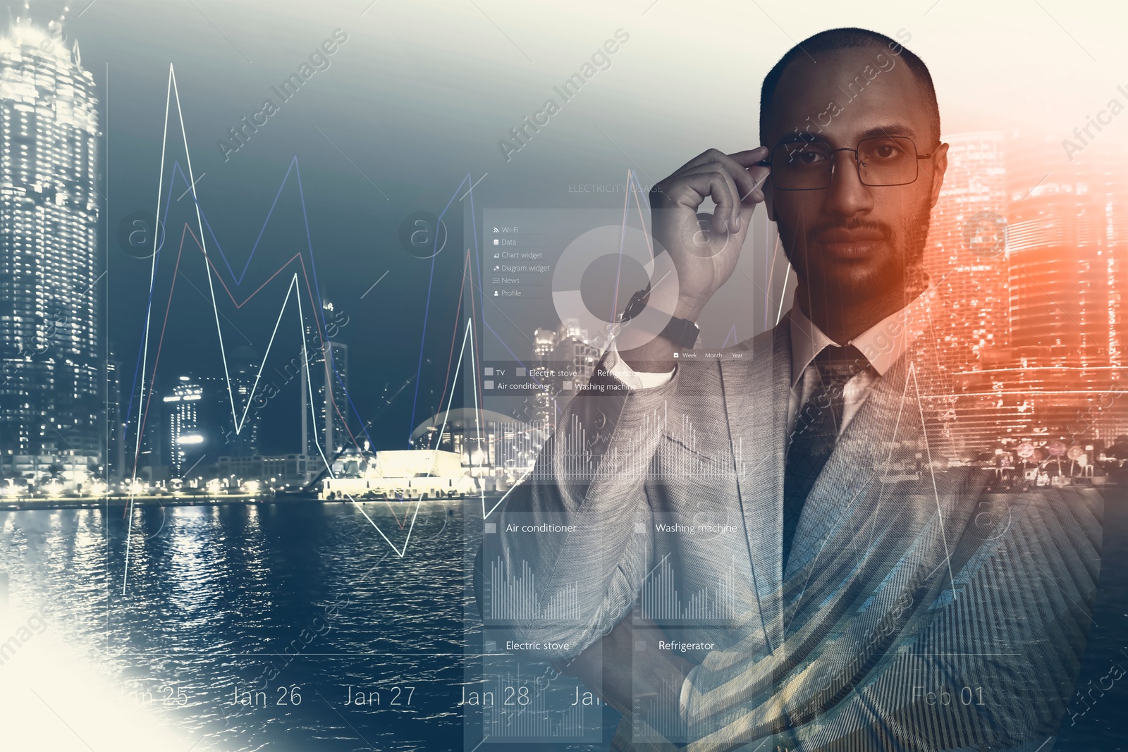 Image of Business success. Multiple exposure of man, graphs and cityscape