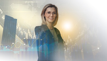 Image of Business success. Multiple exposure of woman, graphs and cityscape