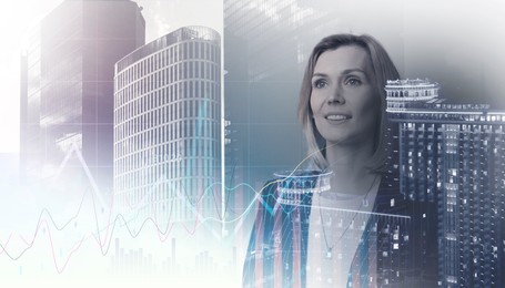 Image of Business success. Multiple exposure of woman, graphs and cityscape