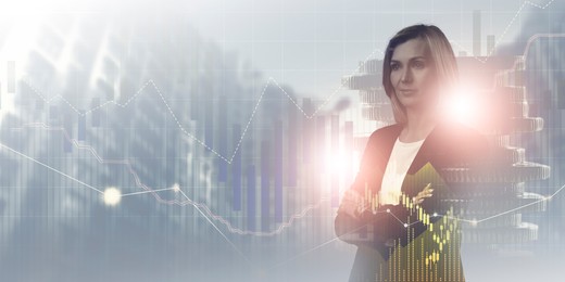 Image of Business success. Multiple exposure of woman, graphs and cityscape