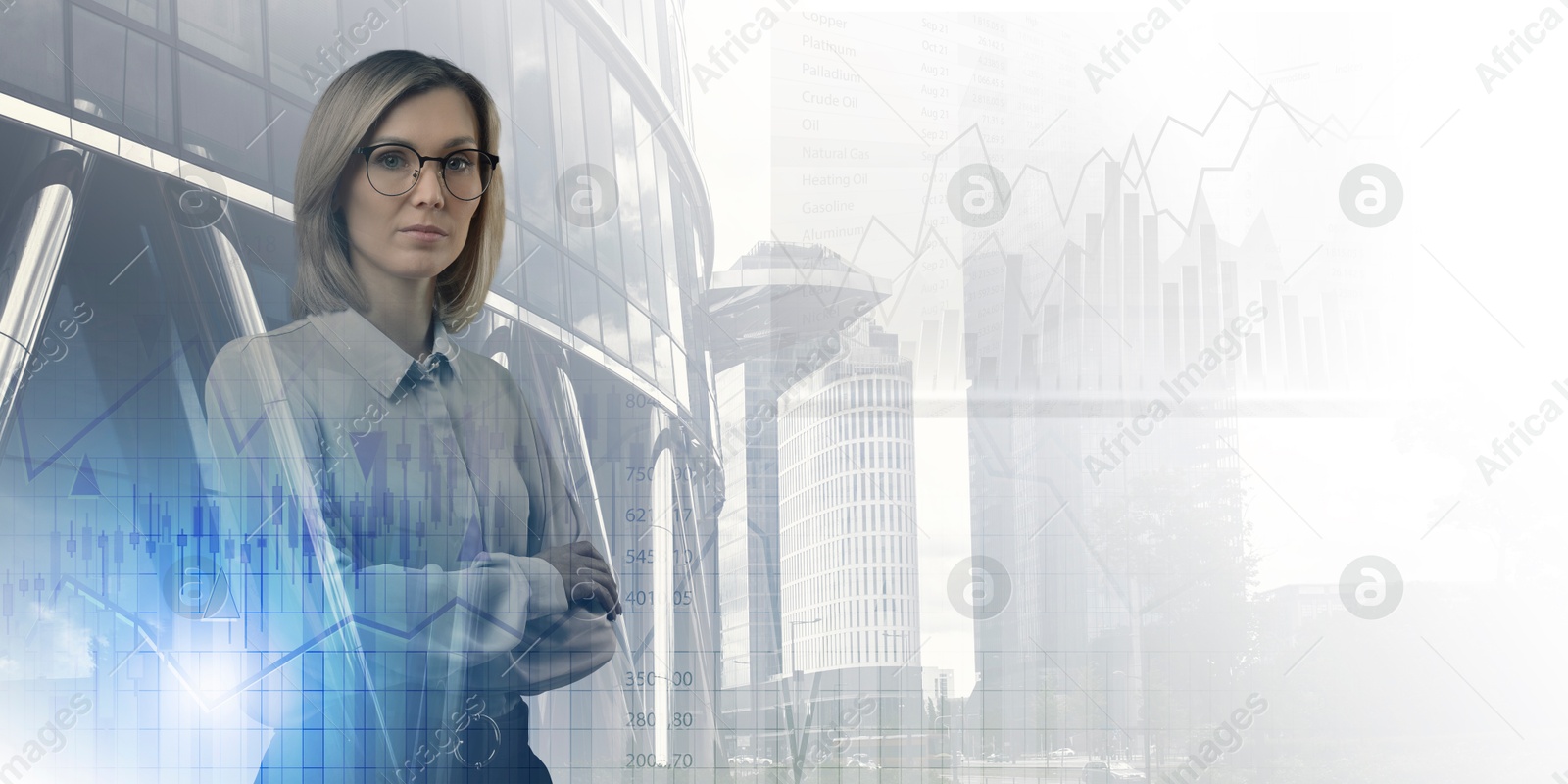 Image of Business success. Multiple exposure of woman, graphs and cityscape