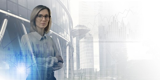 Image of Business success. Multiple exposure of woman, graphs and cityscape