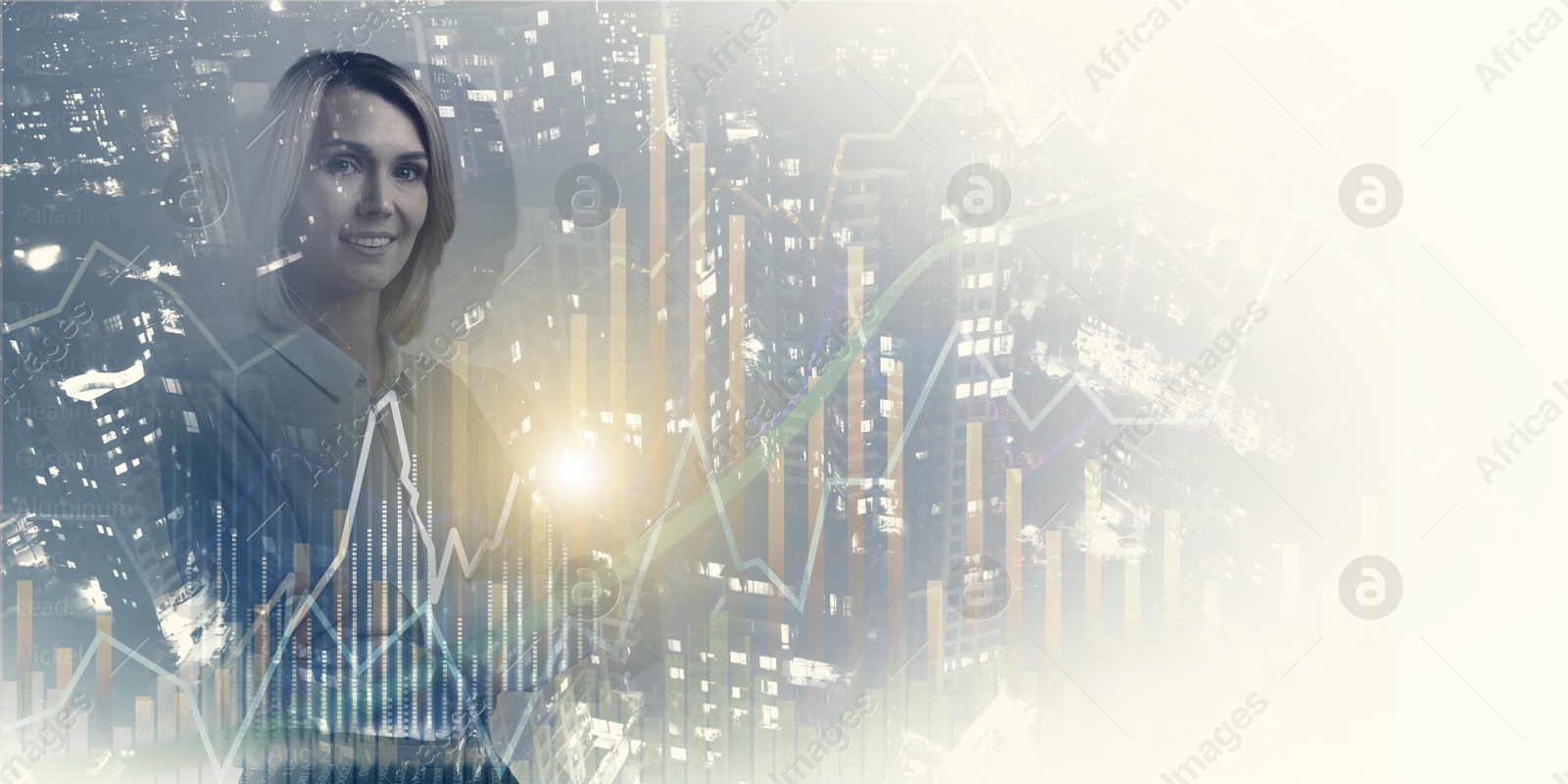 Image of Business success. Multiple exposure of woman, graphs and cityscape